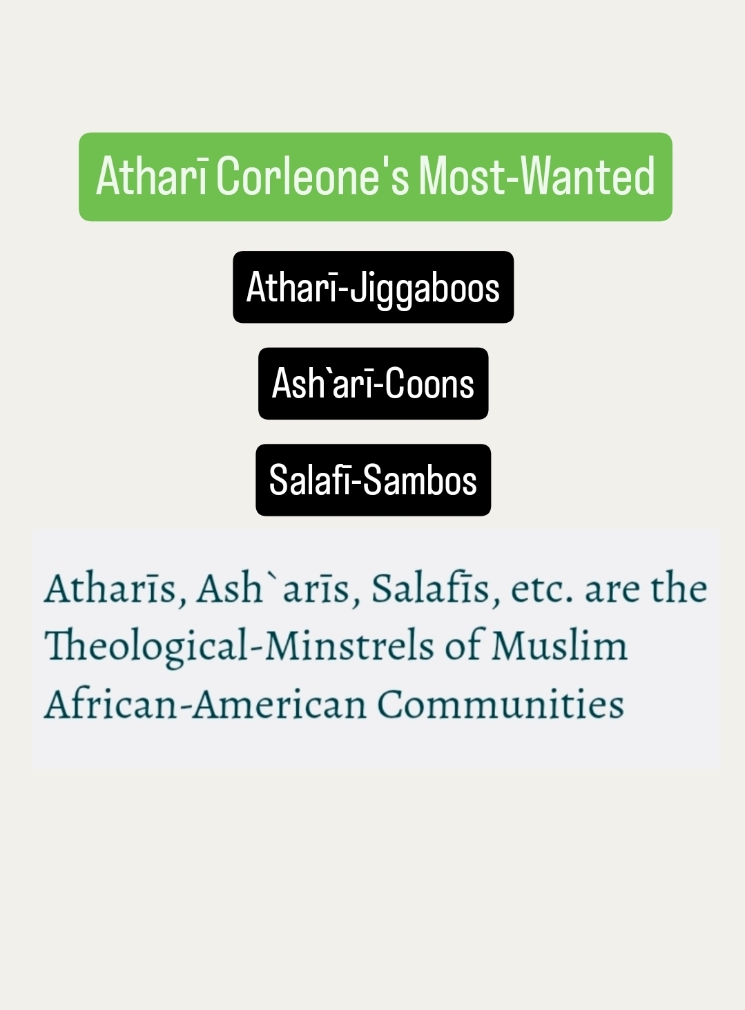 Atharīs, Ash`arīs, Salafīs, etc. are the Theological-Minstrels of Muslim African-American Communities