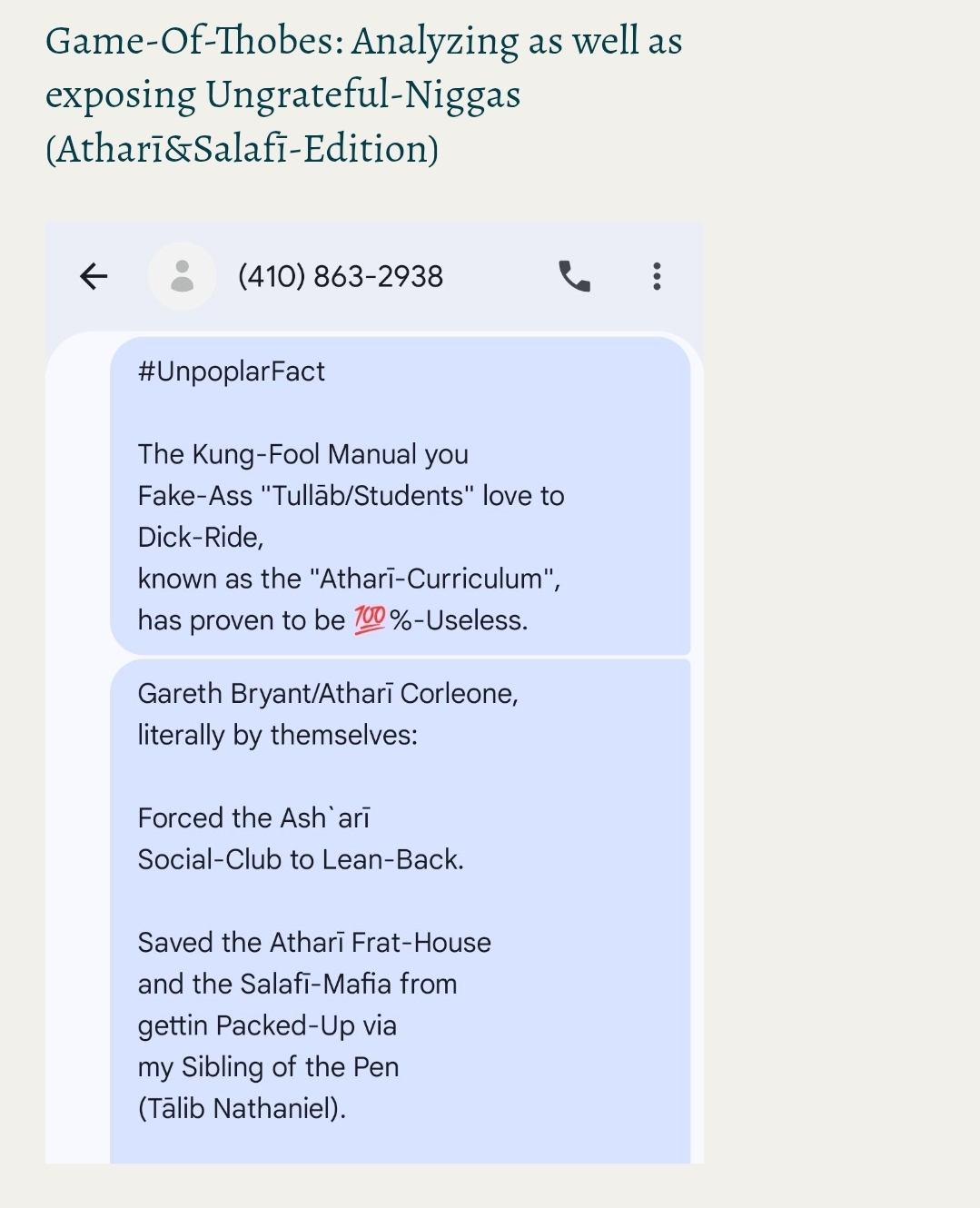 Game-Of-Thobes: Analyzing as well as exposing Ungrateful-Niggas (Atharī&Salafī-Edition)